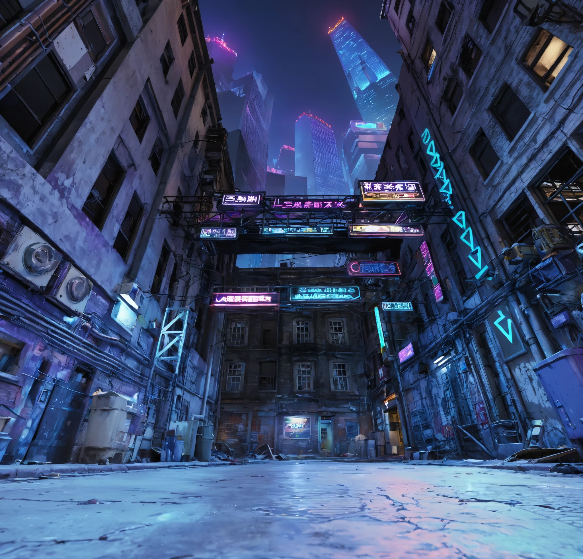 Looking up, the camera is close to the ground, cyber style, cyber night, alley with neon lights at night, low-lying ground, realistic ground texture, complete ground, abandoned low buildings on both sides of the picture, dilapidated low buildings, pipes and wires outside the buildings, trash cans near the wall, silhouettes of skyscrapers can be seen in the sky in the distance, neon signs are hung between the two buildings, the signs emit blue and purple lights, two steel frames connect the two buildings, UE5 rendering, 3D rendering, 3D model, cartoon style