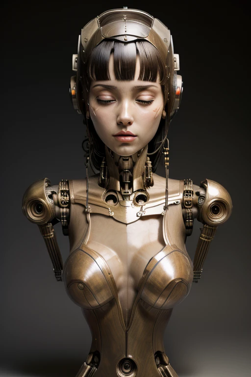 (masterpeace), ((super real photography: 1.5)), ((photo realistic: 1.3)), (real photo), whole body, 
A Japanese girl, ((A young girl robot: 1.5)), (an exposed chest cavity revealing a pulsing, flickering heart),
BREAK
headgear, ((real clear skin)), ((beautiful face: 1.5)), ((Super cute: 1.5)), ((well-balanced face)), (close eyes: 1.3)), longeyelashes, stunning big eyes, luscious glossy lips, ((blunt bangs)), 
BREAK
(slender body: 1.3), petite bust, breast cover is opened, (the heart is lighting), 
BREAK
High-Mechanic body, octane rendering, Super Detailed machine, ((connected electric cables)), 
BREAK
A bold and aggressive pose, ((bust shot: 1.3)), cinema quality, professional photograph, (real movie scene: 1.5), (Bright Light: 1.2), Eye-Level Shot, wide lens, (fujifilm 35mm), (film photo), RAW, Excessive Embellishment, UHD, 
BREAK
anatomically correct, textured skin, best quality, 8k