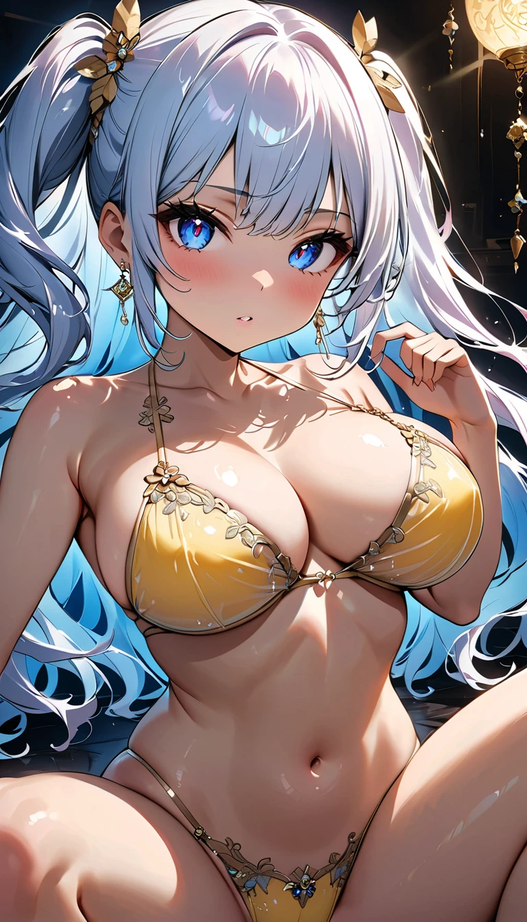 whole body、 squat、 TrueFace、white hair、 Please change it to.（TRANSPARENT LUCAPPHIRE BLUE MICRO BIKINI :1.9）（Big Breasts:1.5）、（  depicting a sense of speed and speed seen from below  :1.6）、（The town where it snows:1.6）、 Slam、  dynamic poses  、  Movie Scene 、Illuminated、atompunk.beautiful face drawing、  delicate eye depiction  、 undivided composition  、（ Constructed directly from below :1.6）.（Big Breastsにフォーカス:1.3）、Big Breasts、  masterpiece  ,   top quality, Raising awareness, （  girl relaxing :1.1）, cute, ( Dynamic Lighting:1.2),   movie lighting ,  Elegant Features ,  DETAILS EYES ,   sharp pupils,   Sharp Concentration, (  very detailed, soft glow:1.4),   lots of little jewels  , (((length _hair))),　  twin tails、  earrings for women alone、前hair、（パステルグリーンhair:1.5）、  upper body、（  She wears sparkling pale yellow lingerie with crystal-clear embroidery.   The lingerie is transparent up to the chest   :1.6）.、Transparent design。  The light source is gentle light from the front  ....、 The overall atmosphere is bright and clean ....。