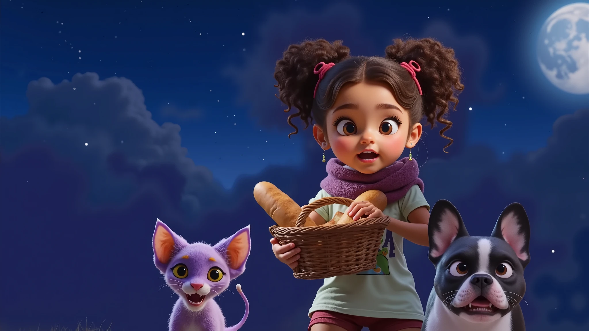 Inspired by the drawings in the films, posters and 3D characters from Disney Pixar in high quality and high resolution, create the image of a girl with black curly hair in an Afro style, with very light brown skin, wearing a white t-shirt, a scarf wrapped around her neck to protect her from the cold, and blue shorts. She is beautiful, sensual and attractive, and carries a basket with two loaves of bread. She makes an expression of astonishment with her mouth open and her eyes wide when she sees that the wind has taken one of the loaves of bread. The background is all black to be cut out in png.