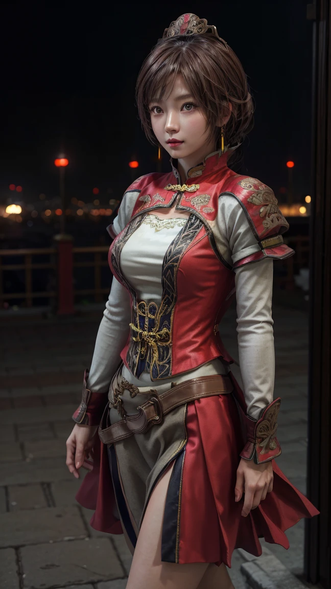   High Resolution  ,   high detail,   High Quality  ，reality，Now，night，City，A Chinese female student ， Sun Shangxiang, a woman from the Three Kingdoms，Bangs, long hair,  wearing a black student uniform ， elegant spectator 