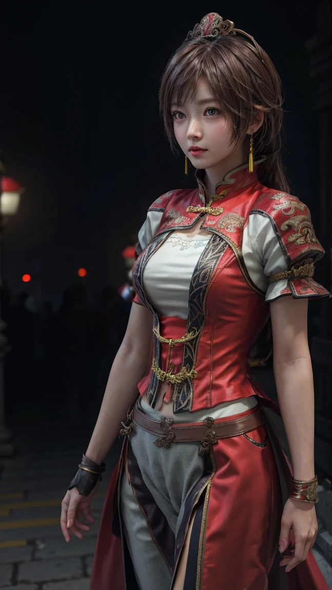   High Resolution  ,   high detail,   High Quality  ，reality，Now，night，City，A Chinese female student ， Sun Shangxiang, a woman from the Three Kingdoms，Bangs, long hair,  wearing a black student uniform ， elegant spectator 