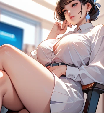  close-up of a woman in a white shirt sitting on a chair, Gorgeous young Korean woman , White clothes are very transparent, Breast and visible 