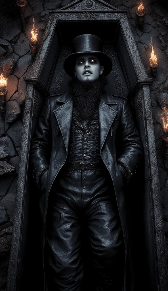 Undertaker (a tall man with gothic fashion: black fedora hat, black overcoat and undershirt, black pants, black facial hair), he has only white eyes with no pupil, laying in a coffin. He appears menacing. The area is dark, the image is lighted with only the fire torches in the area. Top-down shot on the full coffin and undertaker, who stares at viewer menacingly, baring his teeth. The atmosphere is dark, eerie and menacing.