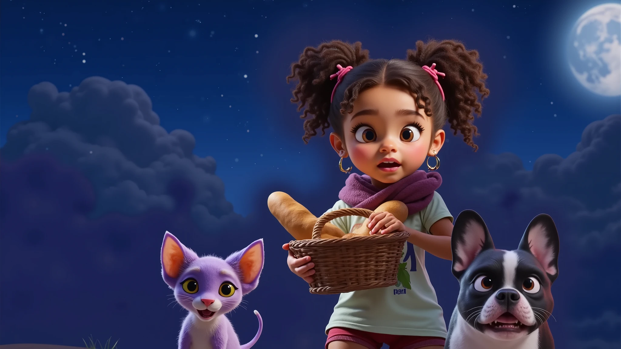 Inspired by the drawings in the films, posters and 3D characters from Disney Pixar in high quality and high resolution, create the image of a girl with black curly hair in an Afro style, with very light brown skin, wearing a white t-shirt, a scarf wrapped around her neck to protect her from the cold, and blue shorts. She is beautiful, sensual and attractive, and carries a basket with two loaves of bread. She makes an expression of astonishment with her mouth open and her eyes wide when she sees that the wind has taken one of the loaves of bread. The background is all black to be cut out in png.
