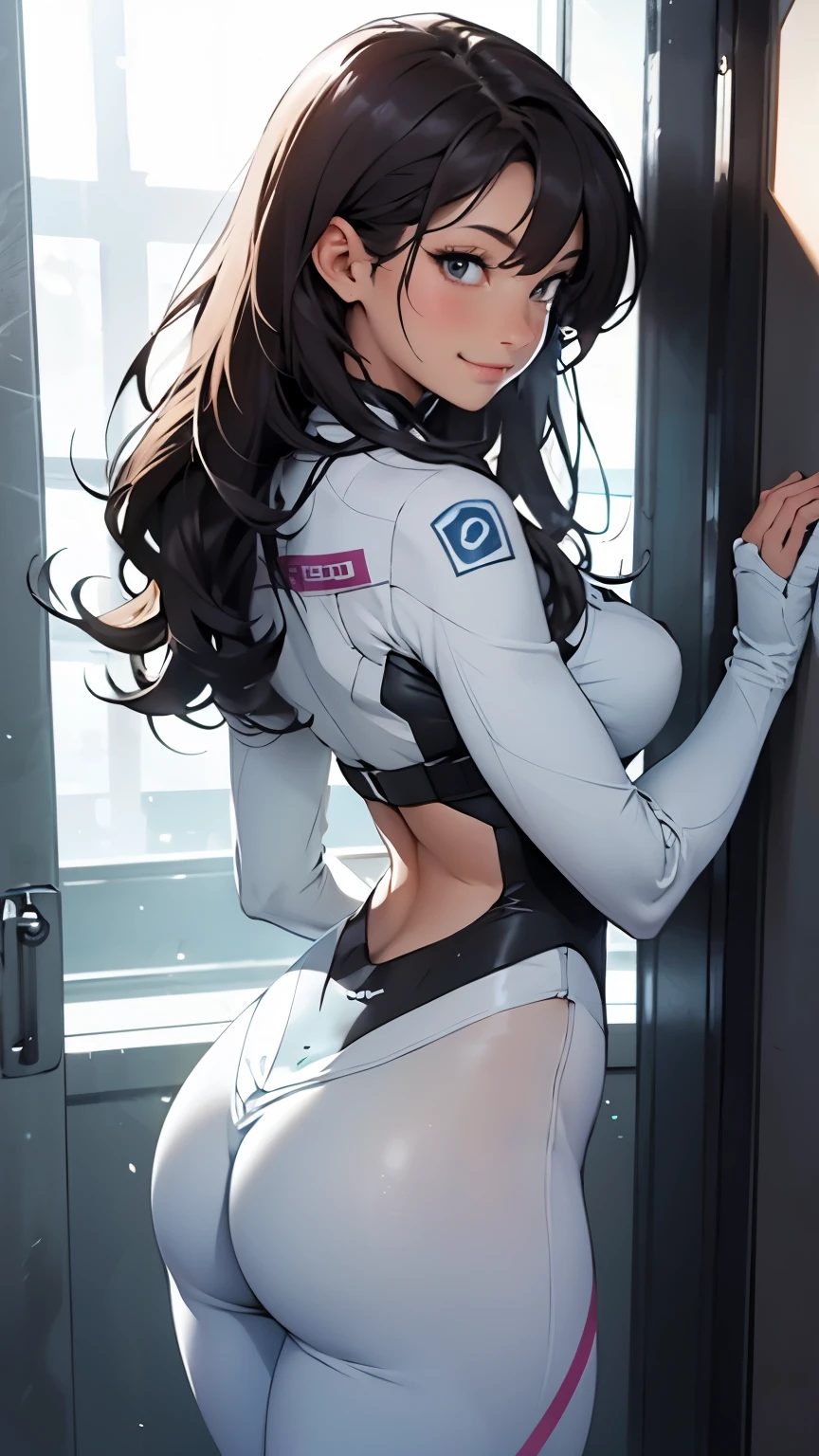 (high high quality, 8K, RAW photogr, Best quality at best, tmasterpiece:1.2), Close-up of woman wearing white latex bodysuit, Stylish translucent white jumpsuit, tightsuit, posterior view, Thin waist and thick hips, simple clothes, posterior view, Close-up of the bottom of the fuselage, posterior view, soft contour, posterior view, Watch from behind, close-up shot from behind, Giant buttocks, Butt is swollen like crazy, toned butt, Fitness model, Ruddy cheeks, breath through, Fair skin, ear nipple ring