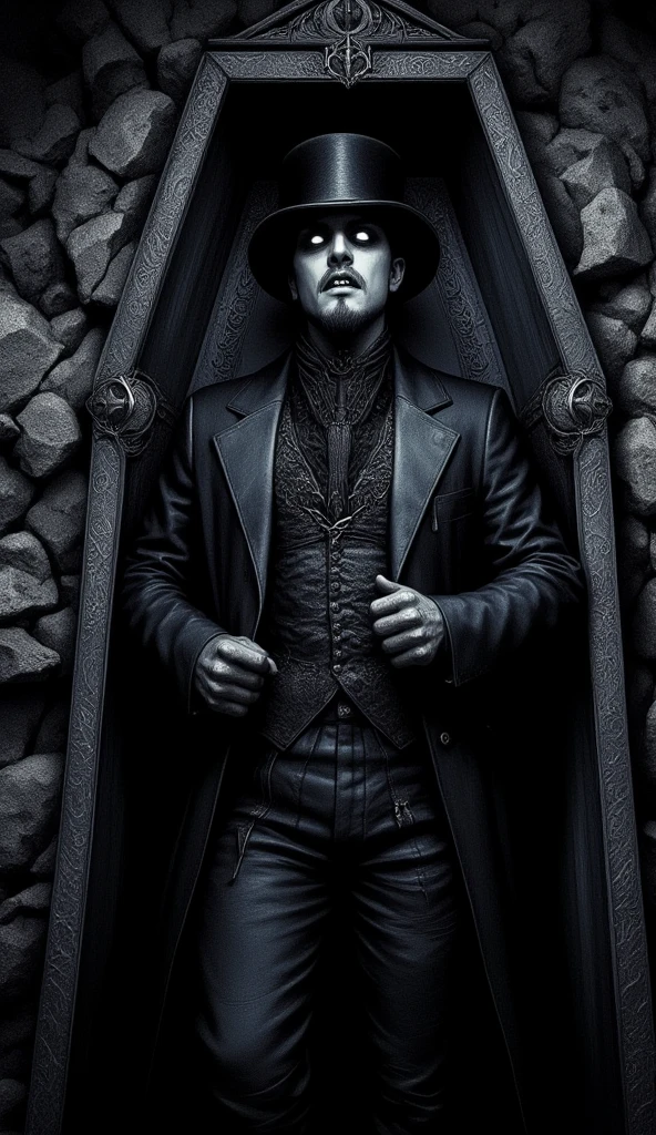 Undertaker (a tall man with gothic fashion: black fedora hat, black overcoat and undershirt, black pants, black facial hair), he has only white eyes with no pupil, laying in a coffin. He appears menacing. The area is dark, the image is lighted with only the fire torches in the area. Top-down shot on the full coffin and undertaker, who stares at viewer menacingly, baring his teeth. The atmosphere is dark, eerie and menacing.