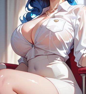  close-up of a woman in a white shirt sitting on a chair, Gorgeous young Korean woman , White clothes are very transparent, Breast and visible 