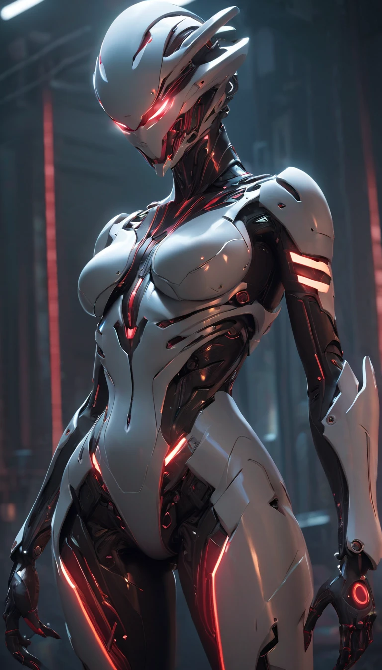 (best quality,4k,8k,highres,masterpiece:1.2),ultra-detailed,(realistic,photorealistic,photo-realistic:1.37), a heavily armed female android modeled after a terrifying demonic appearance, evil android, dark futuristic science fiction, hyper-detailed, cinematic lighting, dramatic chiaroscuro, muted color palette, intricate mechanical details, ominous atmosphere, intimidating presence, mechanical limbs, glowing red eyes, sharp fangs, sinister expression, advanced weaponry, cyberpunk, dystopian, moody