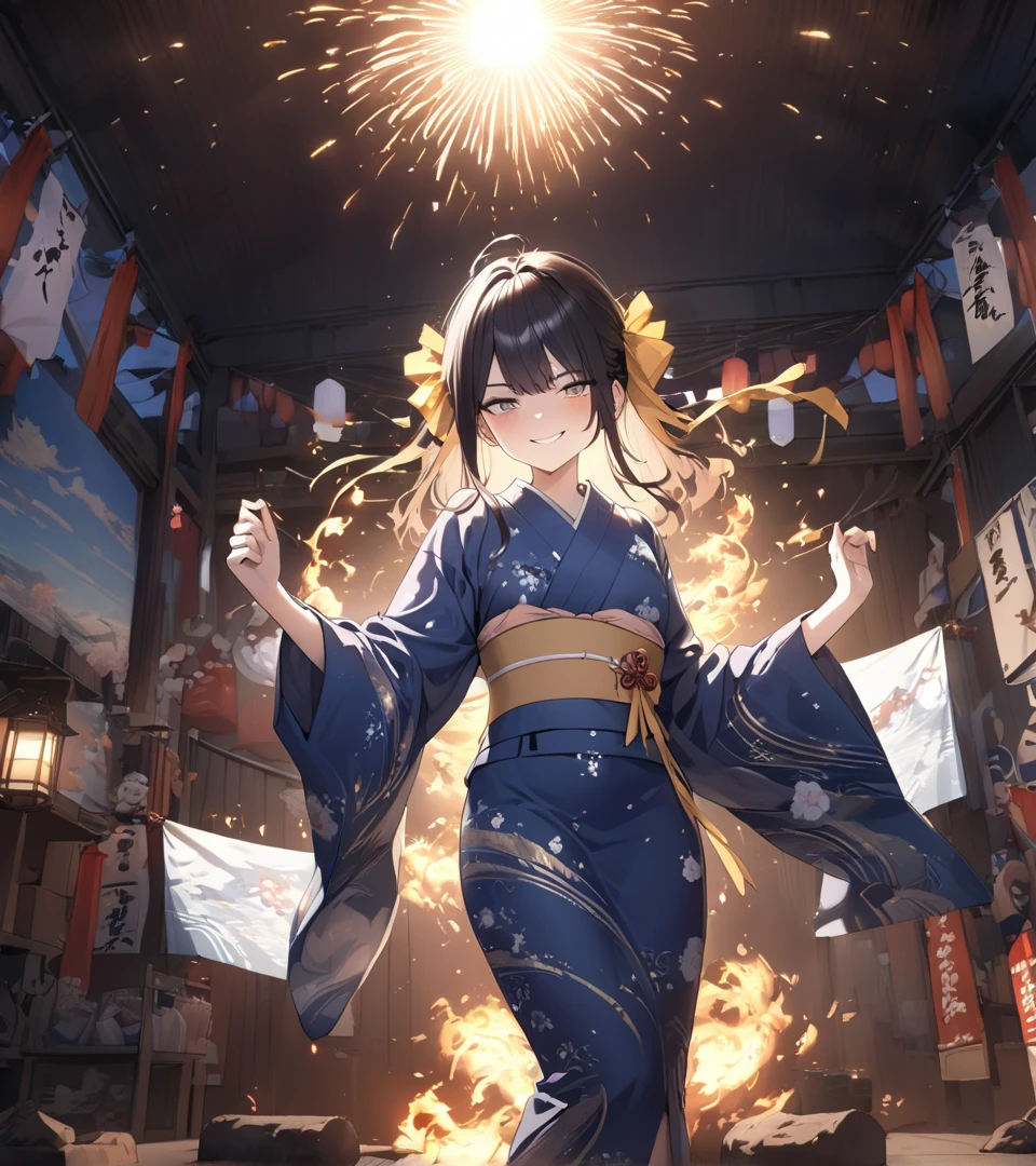 highly detailed, 8k, masterpiece, 1girl, yellow ribbon,japanese azur yukata , smirk, (perfect_face), standing, ornate, intricate, dramatic lighting, 4k, detailed_background, caustics, full_body, (hyperrealistic:1.3), bloom,(beautiful lighting:1.3), caustics, dynamic lighting, beautiful lighting, looking at fire works, festival theme