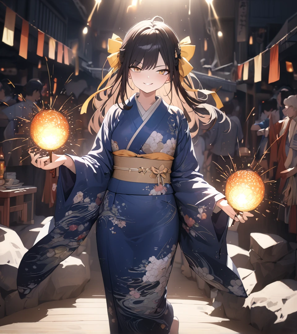 highly detailed, 8k, masterpiece, 1girl, yellow ribbon,japanese azur yukata , smirk, (perfect_face), standing, ornate, intricate, dramatic lighting, 4k, detailed_background, caustics, full_body, (hyperrealistic:1.3), bloom,(beautiful lighting:1.3), caustics, dynamic lighting, beautiful lighting, looking at fire works, festival theme