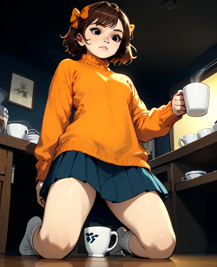 score_9, score_8_below, score_7_below  ,  brown hair , short hair,  Hair bow, cups,   black eyes,  orange sweater, skirt,   inside,  night,  from below,  standing,   Kneeling,  socks,  inspecting ,