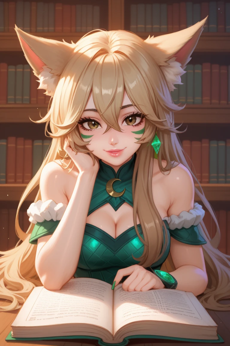 1 normal girl, 4k, HDR,  long hair, ultra cute face, beautiful lights and shadows, ultra detailed, 1girl, Solo, Breasts, Green face markings, Brown Eyes, Long Brown Hair, Blonde Highlights, Blonde Streaks, Bangs, Hair Between Eyes, Messy Hair, Hair Over Shoulders, Wolf Dog ears, Accurate, Blush, Smile, Crescent Earrings, Crystal Earrings, Pink Lips, Brown Eyes, Sparkly Green Eyeshadow, Green Nature Face Paint, Academic Nature Outfit, Simple background, Library, Holding Book, League of Legends, Accurate, Anatomically Correct, Detail, High Quality