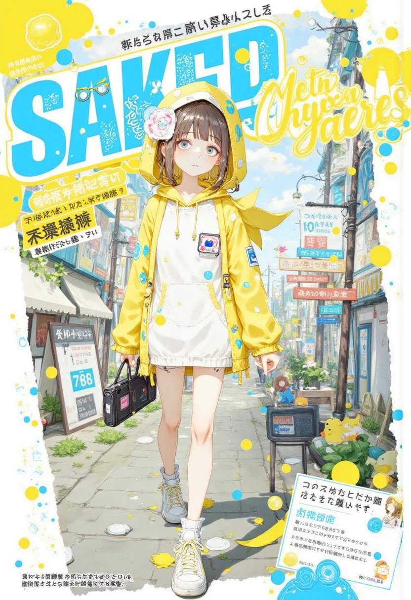 digital flyer, overlay text, caption overlayed on a character, anime style poster art, magazine top page, vector art background, 1girl, yellow hair, walking in street, sunny , magical city, misty, ultra detailed animation, kawaii anime style, hoodie, bagy, bags under eyes,