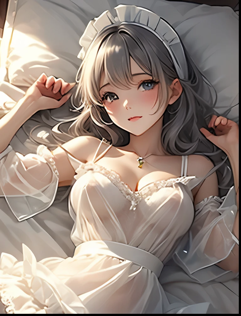 (2 young girls with long hair, Beautiful face and eyes and eyeliner,A delicate little face, pink eyes, Charming smile, (Maid cafe outfit with frilly, Sheer pleated mini skirt:1.5), Skirt turned inside out,(Transparent maid cafe costume with large open breasts and hollow:1.2), Sexy transparent underwear,Nipples exposed in underwear,Show belly button, Revealing sexy transparent white panties (very pretty girl), silver blonde hair, Fashion hair accessories quality:1.4), (Extremely detailed),Pendants and earrings、 (Extremely detailed CG unified 8k wallpaper), Very detailed, High-resolution original color photos, Professional photography, Depth of Field, (Lying in bed)
