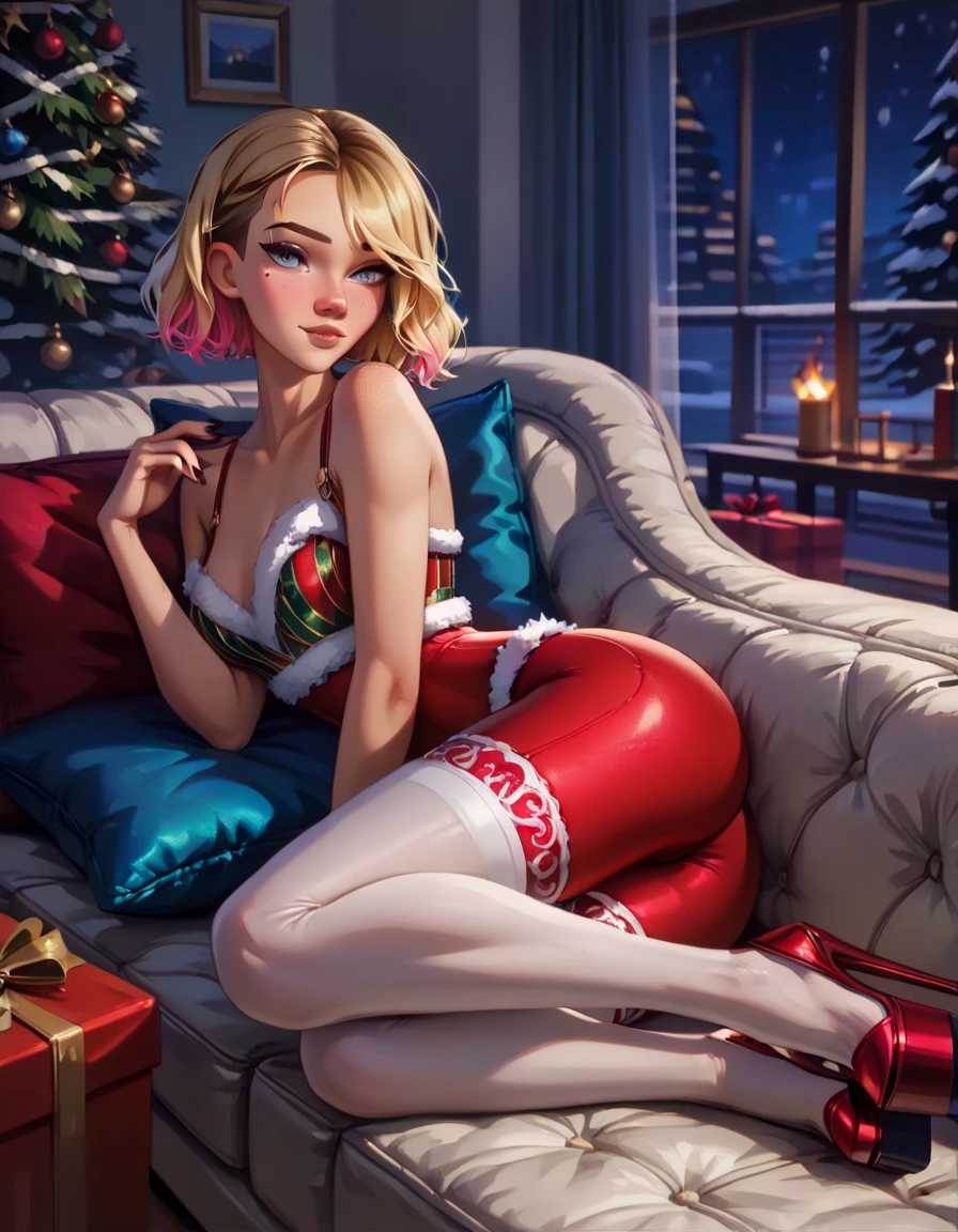 score_9, score_8_up, score_7_up, 1girl, solo, beautiful waifu, thicc, (short hair Gwen Stacy, blonde, colorful highlights:1.4), wearing (sexy red bodysuit lingerie:1.2), (beautiful waifu, thicc:1.5), (bare arms, bare shoulders:1.1), (white thighhighs:1.1), (platform heels:1.2), detailed eyes, detailed face, flirt, (sexy pose:1.2), in cozy winter lodge, living room, fireplace, laying on couch, laying on her stomach, next to Christmas tree, Christmas these, Christmas decorations, wrapped presents, lowlight, (night:1.3), shallow depth of field.