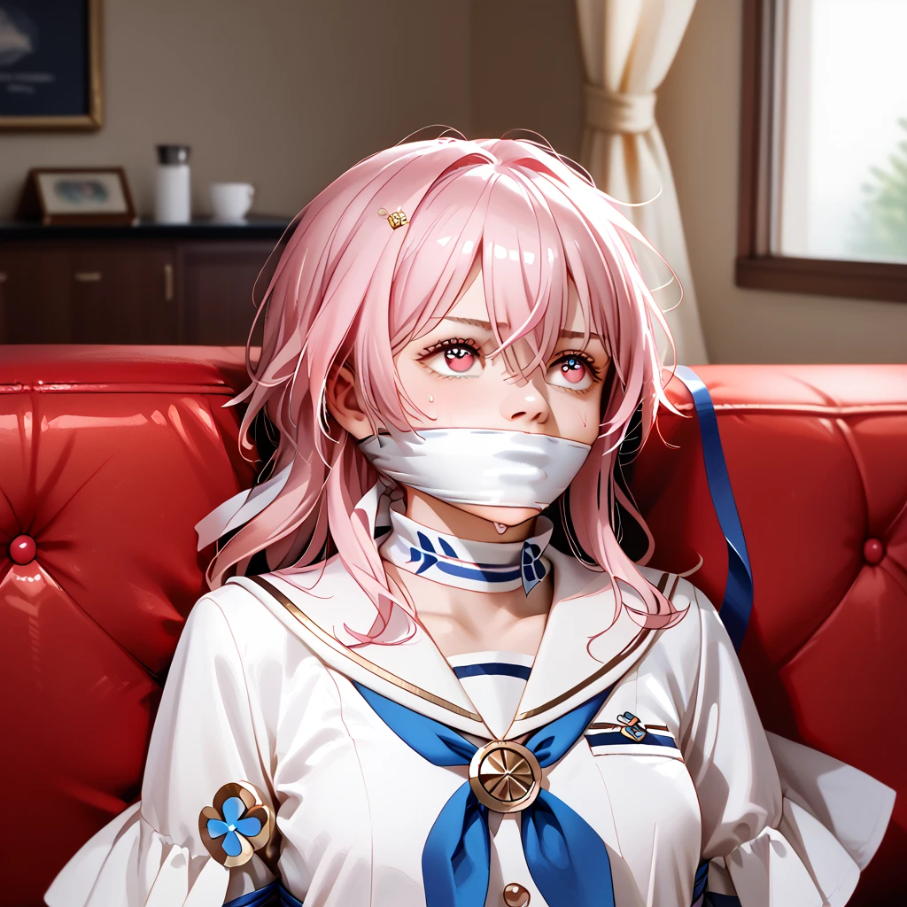 best quality, Masterpiece, 1 girl, (detailed face), (detailed eyes), march7th, casual outfit,pink hair,long hair, pink eyes,hair hair ornament, hair between eyes, school unirofm, detached_sleeves, blue scarf, big scarf, long scarf, white sailor collar, white cape, ribbon, restrained, ((arms tied)), ((Wrists tied behind back)), bondage, white fabric, gagged, otm gaggged, otm gag, black gagged, cafe, indoor, morning, lying on sofa, window, looks away, struggling, struggle, saliva, sweat, panic, upper body,