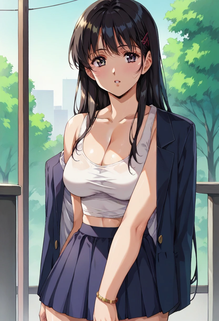 A black-haired woman looking out over the city of Tokyo、Japanese　Black Hair、 Dark Room、 cleavage、whole body、 blazer、 white tank top 、 skirt、Collarless、