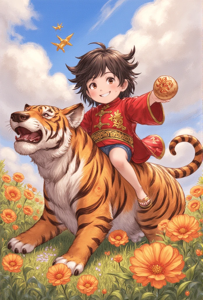 Close-up of watercolor fat boy anime style fat boy with a bulge, five years old, plump, round, cute, long hair, flip-flops, holding a bun in devil's hands, wearing an antique Chinese costume, sitting on the back of an animal that is a hybrid between a pig and a fat tiger, looks cute,Vivid watercolor flower field background