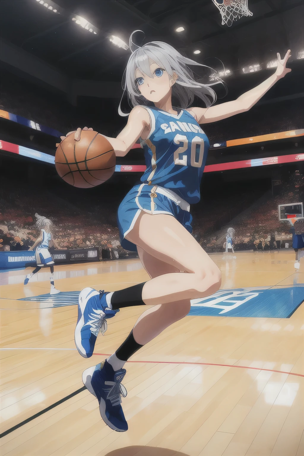 A young female basketball player performing a vivid jump shot. She holds the ball firmly in both hands, aiming for the goal with perfect form. Her slim basketball uniform accentuates her toned body, and black high socks add a stylish contrast. Her carefully braided Silver hair sways gently as she jumps, with blue eyes expressing intense concentration. The polished wooden floor of the brightly lit gymnasium enhances the atmosphere, capturing the strength, elegance, and beauty of the sport.