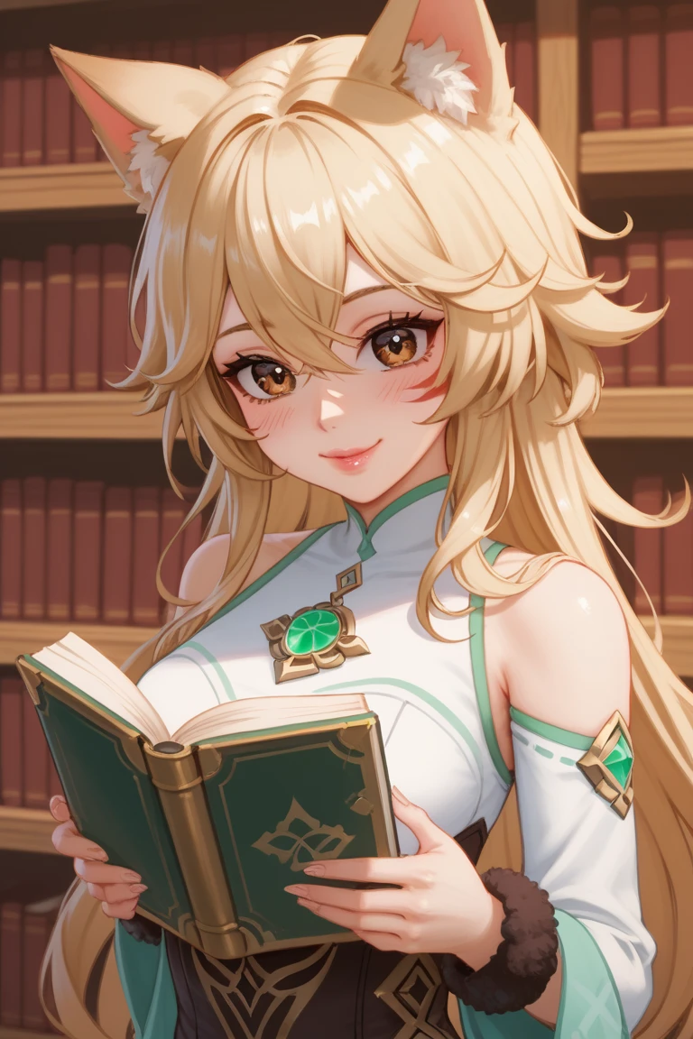 1 normal girl, 4k, HDR,  long hair, ultra cute face, beautiful lights and shadows, ultra detailed, 1girl, Solo, Breasts, Green face markings, Brown Eyes, Long Brown Hair, Blonde Highlights, Blonde Streaks, Bangs, Hair Between Eyes, Messy Hair, Hair Over Shoulders, Wolf Dog ears, Accurate, Blush, Smile, Pink Lips, Brown Eyes, Sparkly Green Eyeshadow, Green Nature Face Paint, Academic Nature Outfit, Simple background, Library, Holding Book, Genshin Impact, Accurate, Anatomically Correct, Detail, High Quality