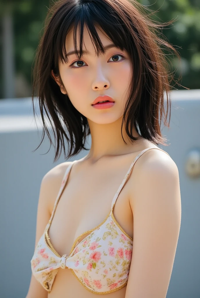 masterpiece, 最high quality,16k,8K,beautiful,get used to it,exquisite,extremely get used to it, finely get used to it, high quality, insanely get used to it, ultra get used to it, ultra high resolution, 超high quality, beautiful face, Japanese, NSFW,While naked, (micro bikini,upper_body,Lewd pose,ultimate  cute girl:1.8),Cinema Lighting,smile