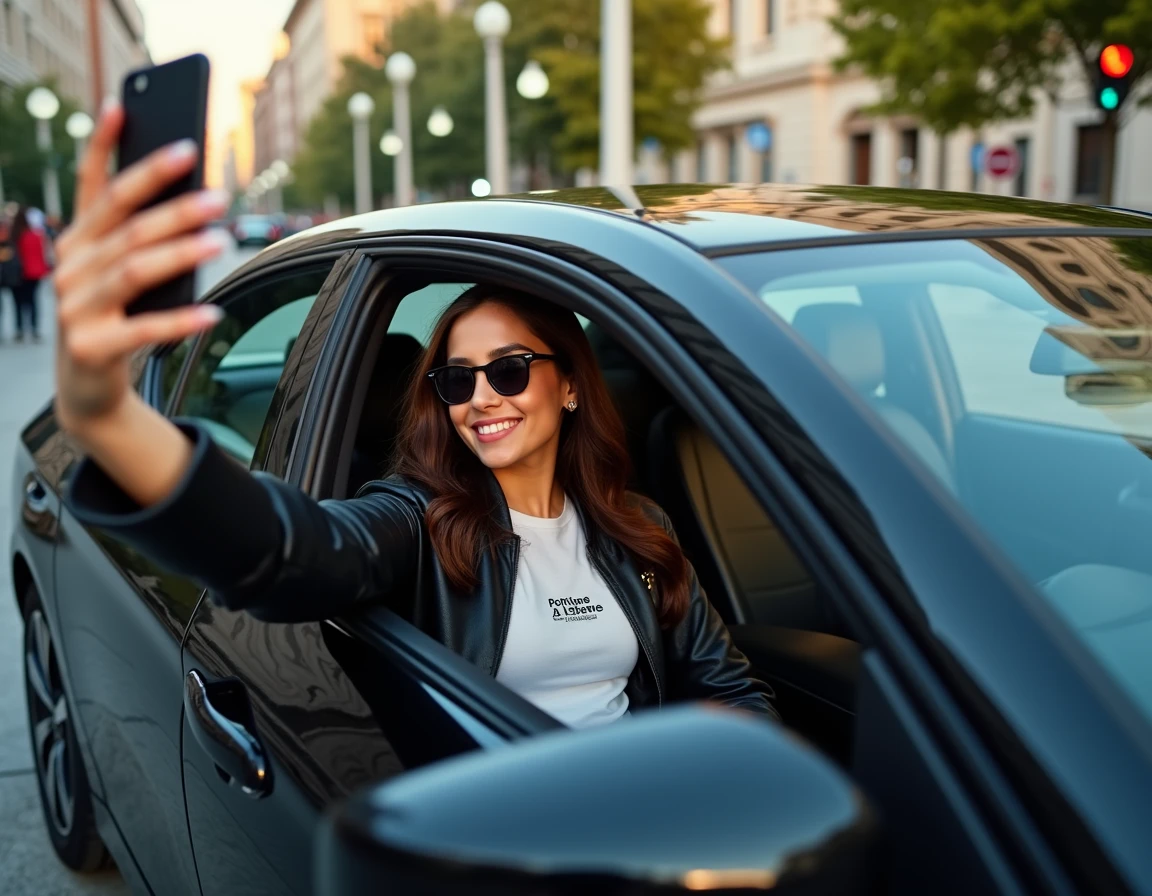 wearing sunglasses , taking selfie inside the car , having a seat in drivers seat , one hand holdind the camera (iphone 15)