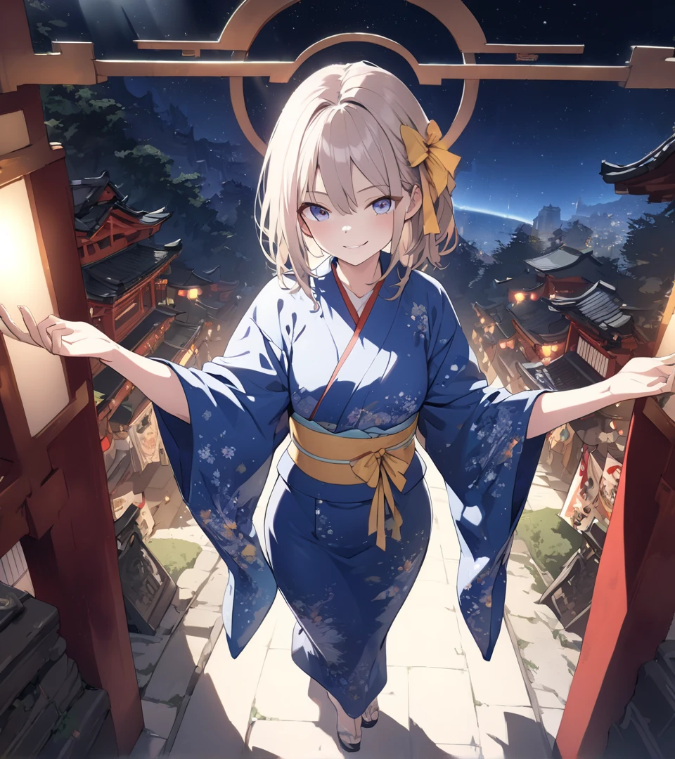 highly detailed, 8k, masterpiece, detailed face,1girl, yellow ribbon,japanese azur yukata , smirk, (perfect_face), standing, ornate, intricate, dramatic lighting, 4k, detailed_background, caustics, full_body, (hyperrealistic:1.3), bloom,(beautiful lighting:1.3), caustics, dynamic lighting, beautiful lighting, festival theme, looking above,shinto gate,starry sky from above, thrilling sky,art concept inspired by kyoto animation 