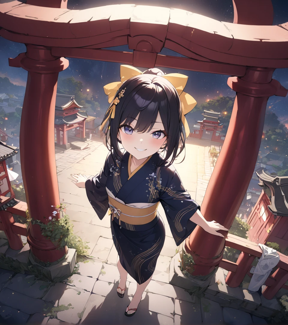 highly detailed, 8k, masterpiece, detailed face,1girl, yellow ribbon,japanese azur yukata , smirk, (perfect_face), standing, ornate, intricate, dramatic lighting, 4k, detailed_background, caustics, full_body, (hyperrealistic:1.3), bloom,(beautiful lighting:1.3), caustics, dynamic lighting, beautiful lighting, festival theme, looking above,shinto gate,starry sky from above, thrilling sky,art concept inspired by kyoto animation 