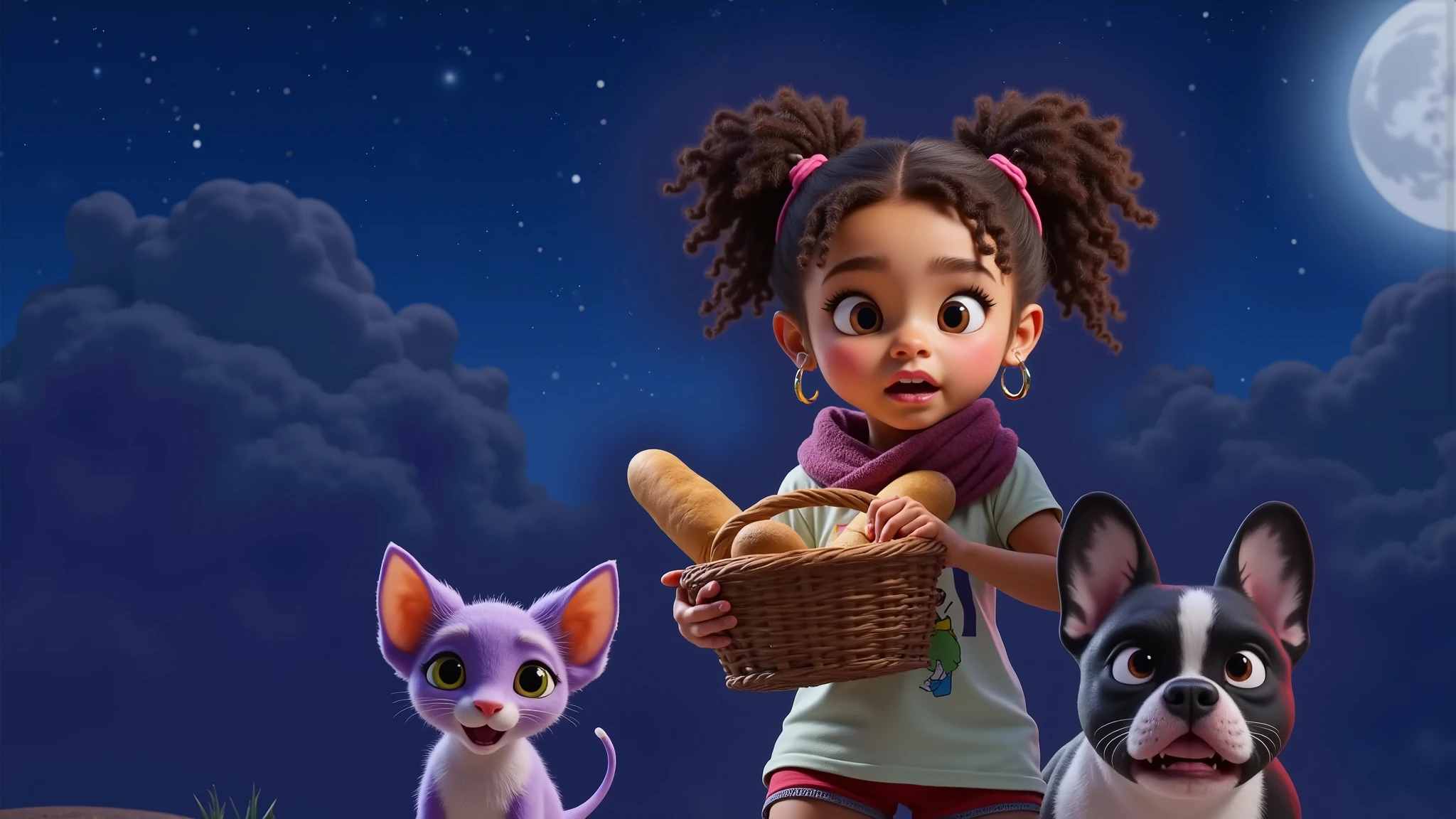 Inspired by the drawings in the films, posters and 3D characters from Disney Pixar in high quality and high resolution, create the image of a girl with black curly hair in an Afro style, with very light brown skin, wearing a white t-shirt, a scarf wrapped around her neck to protect her from the cold, and blue shorts. She is beautiful, sensual and attractive, and carries a basket with two loaves of bread. She makes an expression of astonishment with her mouth open and her eyes wide when she sees that the wind has taken one of the loaves of bread. The background is all black to be cut out in png.