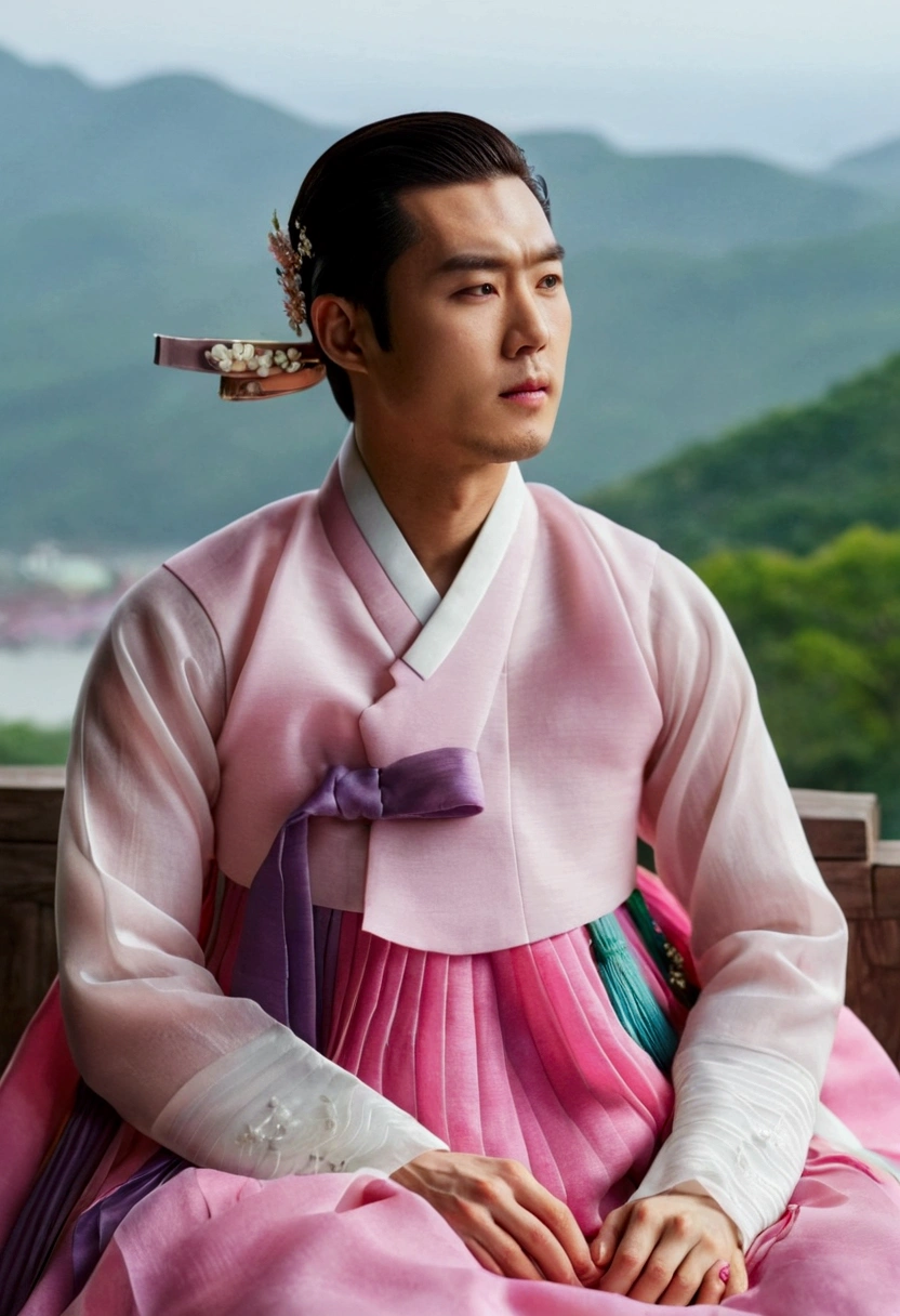  very clear image quality ,  best quality , 8k,  A Korean man is wearing a women's hanbok ,  He's a female man ,  His chest has big breasts like a woman,  His face is very masculine ,  His hair is short like a man ,  A luxurious woman's hanbok made of silk , The Hanbok jacket is very small ,  pink and white, Sitting modestly