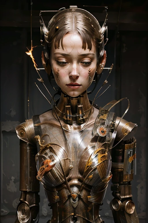 (((masterpiece))), ((best quality)), (ultra-detailed), (CG illustration), (an extremely devious and beautiful)), cinematic light, ((1 mechanical girl)), single, (machine-made joints: 1.4), ((mechanical limbs)), ( blood vessels attached to the tube), ((mechanical spine attached to the back)), ((mechanical cervical vertebrae attached to the neck), ((back to the viewer)), expressionless, (wires and cables attached to the head and body: 1.5), science fiction, apocalypse, ruins