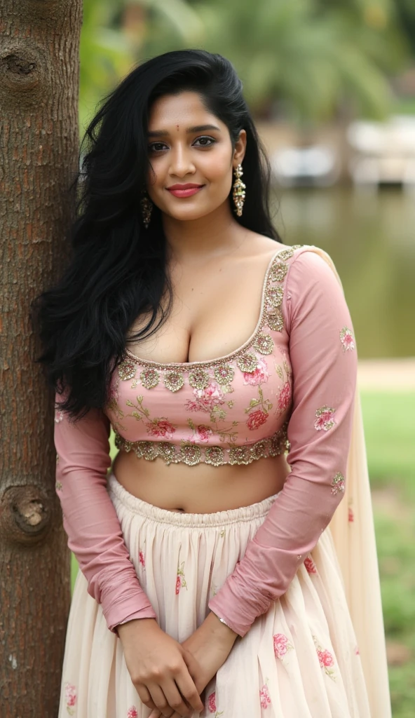 Indian middle age woman in saree, outdoor beneath a tree beside a pond, brown tone skin colour, sexy hips, attractive looks, cute cleavage, gorgeous smile, curvy figure, middle age beautiful woman, pink tight blouse, white loose skirt, smooth lighting, few sunrays on sexy body, like a dslr photo, realistic, realism, masterpiece