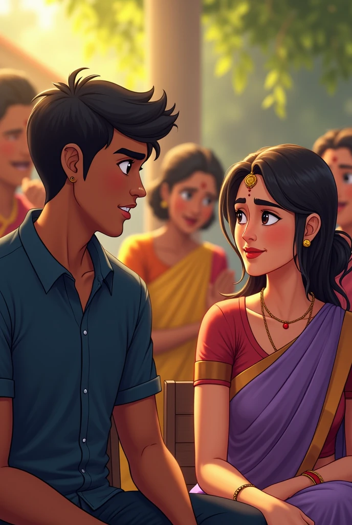 The couple standing together in a traditional Indian home, facing each other with worried expressions. The background shows concerned family members in traditional attire, hinting at the challenges they face. The scene is tense, with a warm but somber atmosphere.Create a Indian cartoon character