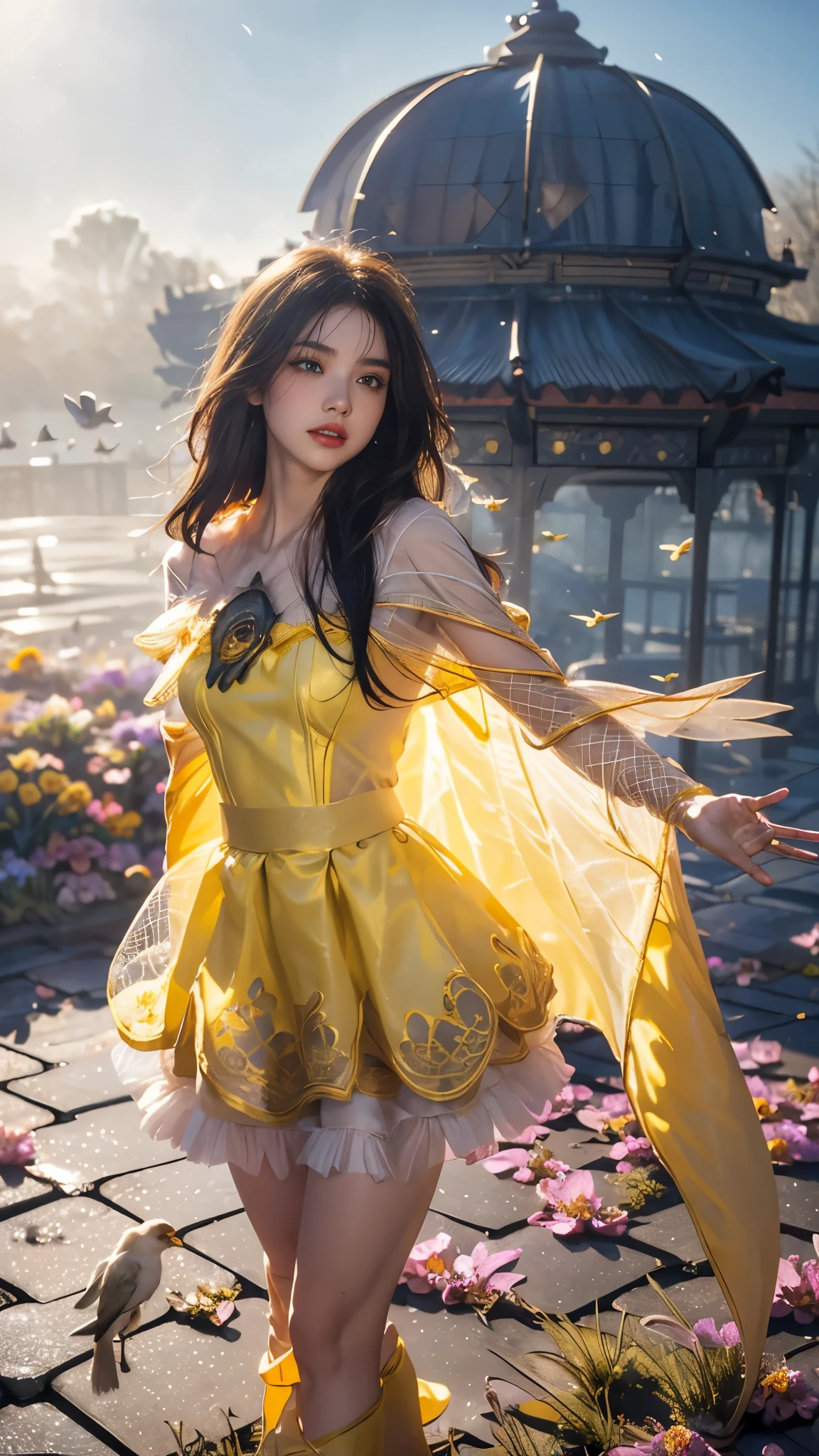 Beautiful dance pose, She gently lifted her skirt with one hand,头发周围有白色的Butterfly兰，Lilac dendrobium、White Lily, Long legs , Deep in Wonderland, ((Flowing long hair))Official Art , Unity8k Wallpaper , Extremely detailed , Visible cleavage, Pretty and beautiful , 性感Long legs, masterpiece , best quality ,Practical, Very detailed illustrations ,Extremely detailed , Intricate details , Extremely complex and detailed , Very detailed 8KCG wallpaper , Caustics .reflection , Ray Tracing , Devil theme ,nebula ,Dark aura, Network Effects , (1 girl)solitary , 小蓝Butterfly , (Blue plasma flame , (insect , Butterfly)) Pastel tones in Rococo style ,Light white and light dark red , Incredibly beautiful , Cherry blossoms , Surrealism ,painting , Ethereal , Mixing reality and fantasy elements ,Ray Tracing , Complex Mode , Exquisite lines , Perfect your hands, Starry Sky , Colorful , Star