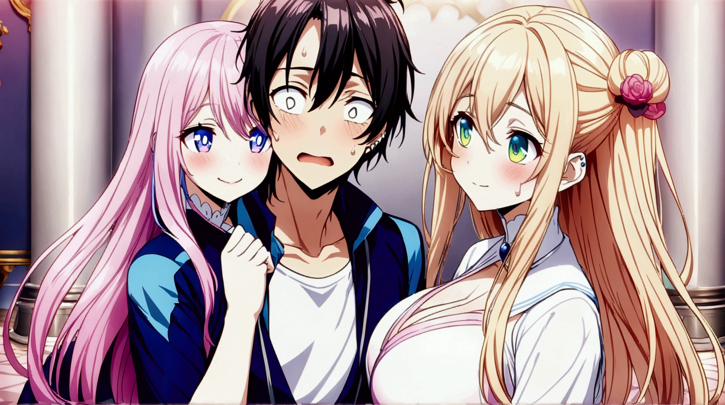 anime characters in a room with a bed and a window, ecchi anime style, anime style 4 k, visual novel key visual, visual novel cg, anime! 4k, anime! 4 k, official anime still, 4 k manga wallpaper, anime moe artstyle, official modern anime, mirai nikki, sankakucomplex anime image, ; visual novel, garoto no meio maduro, oculos de sol, garoto estiloso e confiante, garoto bonitão, garotas lindas e sexy visual, kawacy, artwork in the style of guweiz, visual novel, guweiz on pixiv artstation, anime in fantasy style, 4 k manga wallpaper, 4k anime wallpaper