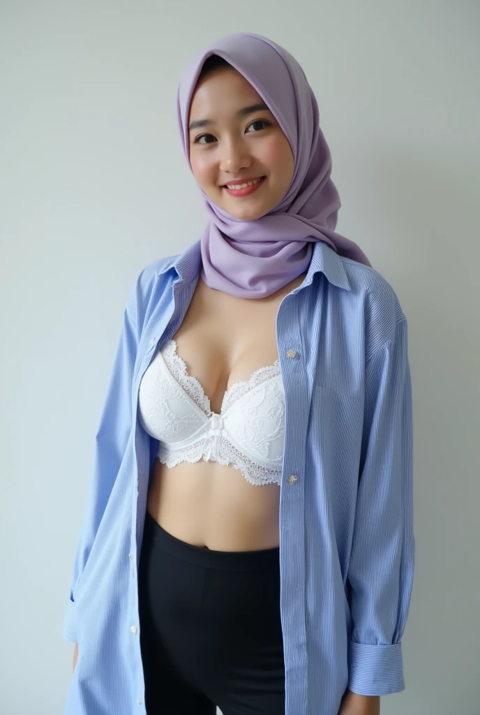 Malay girl wearing hijab, open button shirt, undersize lilac satin bra and (polkadot pattern), tight jeans, portrait photography, mid shot photo, ultra detail, professional photograph with professional lighting, smile, at the garden, outdoor background, curly hair, sexy seducing pose, curvy body, butt closed up angle