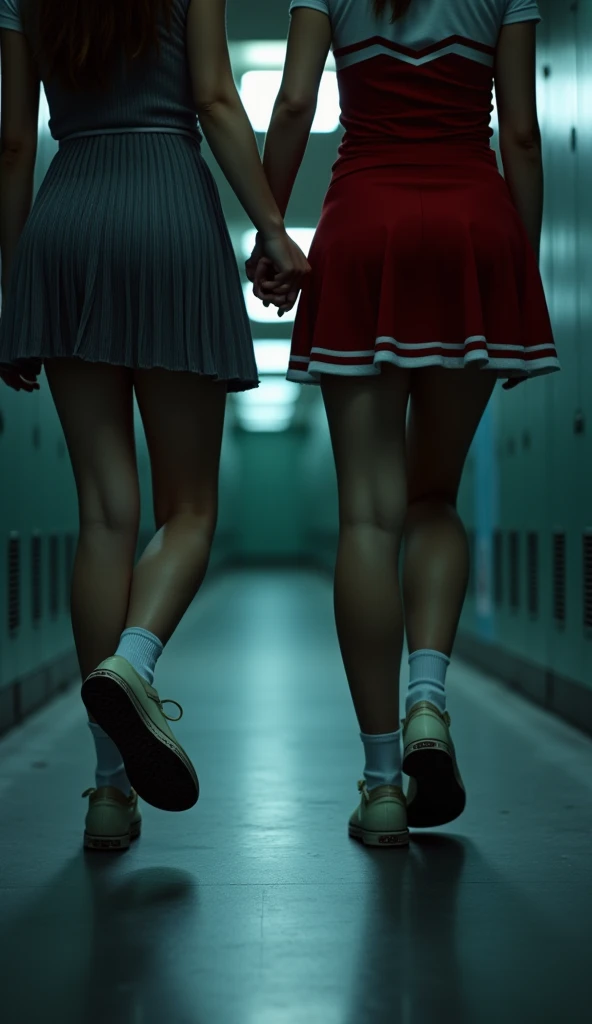 Low angle upward shot，Oblique side shot of a pleated dress with legs walking forward and a red and white cheerleader uniform from the back， holding hands in the changing room of a school bathroom. The focus is on the bottom of the shoe at the top right of the screen，The background is a composition of ， Dim lighting 