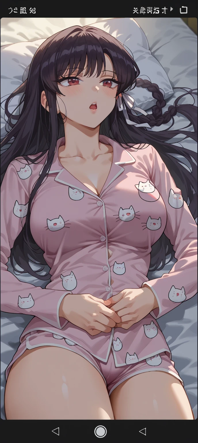 score_9, score_8_up, score_7_up, source_anime,
suzunehorikita, suzune horikita, long hair, black hair, red eyes, hair ribbon, braid, large breast, skirt, long_hair, 1girl, animal_print, solo, long_hair, breasts, pajamas, blush, black_hair, on_back, lying, cat_print, phone_screen, shorts, large_breasts, komi_shouko, collarbone, thighs, open_mouth, bangs, black_eyes, pillow, parted_lips, long_sleeves