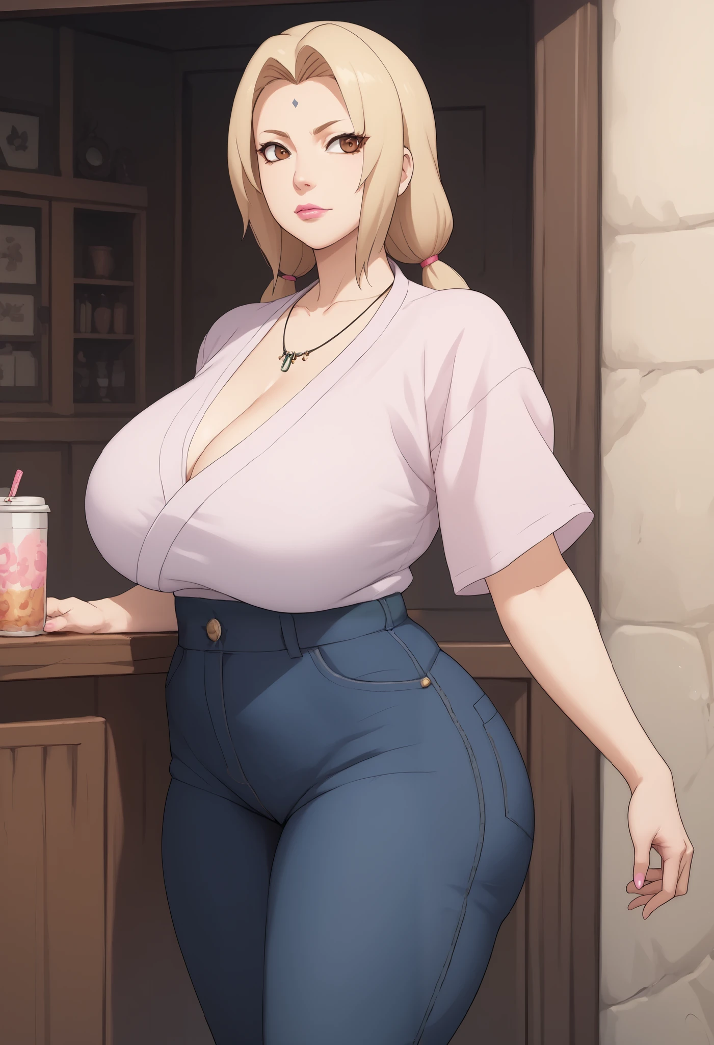 Tsunade Senju. Grandmother. long, blond hair tied in two ponytails. brown eyes.  pink lipstick. huge saggy breasts. bbw. necklace. jeans. Shirts. caffe. 