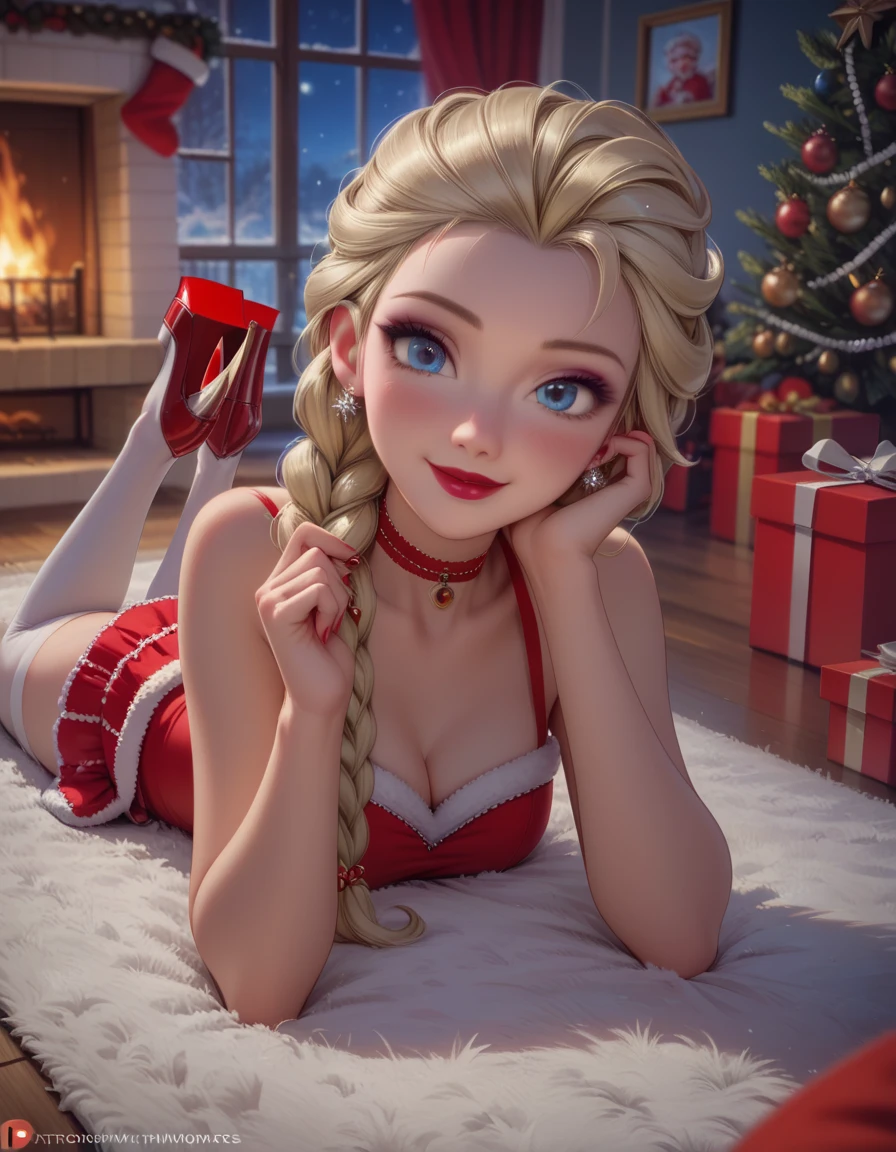 score_9, score_8_up, score_7_up, 1girl, solo, very sexy (Elsa, blonde, braid:1.4), wearing (sexy red Mrs Clause minidress:1.4), (beautiful waifu, thicc:1.5), (bare arms, bare shoulders:1.1), (white thighhighs:1.1), platform heels, plain choker, detailed eyes, detailed face, flirt, cozy winter lodge, living room, fireplace, (lying on her stomach, POV:1.3), on plush rug, gentle smile, Christmas tree, Christmas theme, Christmas decorations, wrapped presents, shallow depth of field, lowlight, (night:1.3).