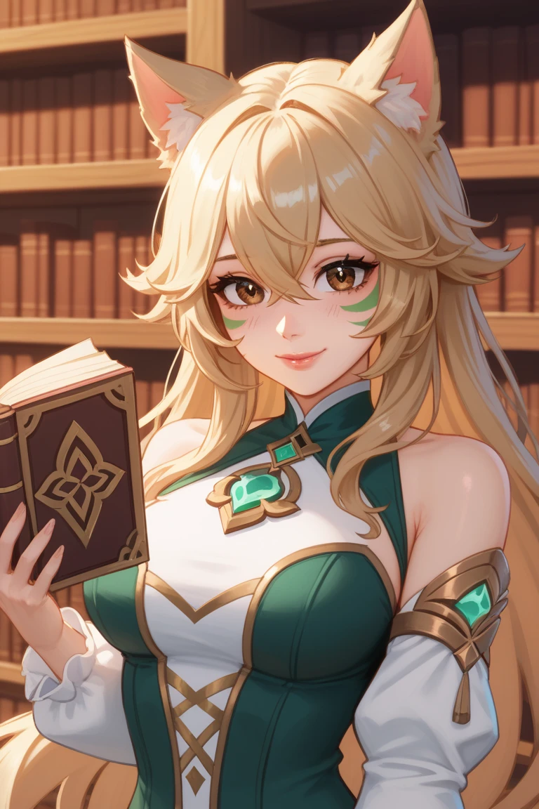 1 normal girl, 4k, HDR,  long hair, ultra cute face, beautiful lights and shadows, ultra detailed, 1girl, Solo, Breasts, Green face markings, Brown Eyes, Long Brown Hair, Blonde Highlights, Blonde Streaks, Bangs, Hair Between Eyes, Messy Hair, Hair Over Shoulders, Wolf Dog ears, Accurate, Blush, Smile, Pink Lips, Brown Eyes, Sparkly Green Eyeshadow, Green Nature Face Paint, Academic Nature Outfit, Flowy Sleeves, Low Neckline, Sweetheart Neckline, Simple background, Library, Holding Book, Genshin Impact, Accurate, Anatomically Correct, Detail, High Quality, League of Legends, Accurate, Anatomically Correct, Detail, High Quality