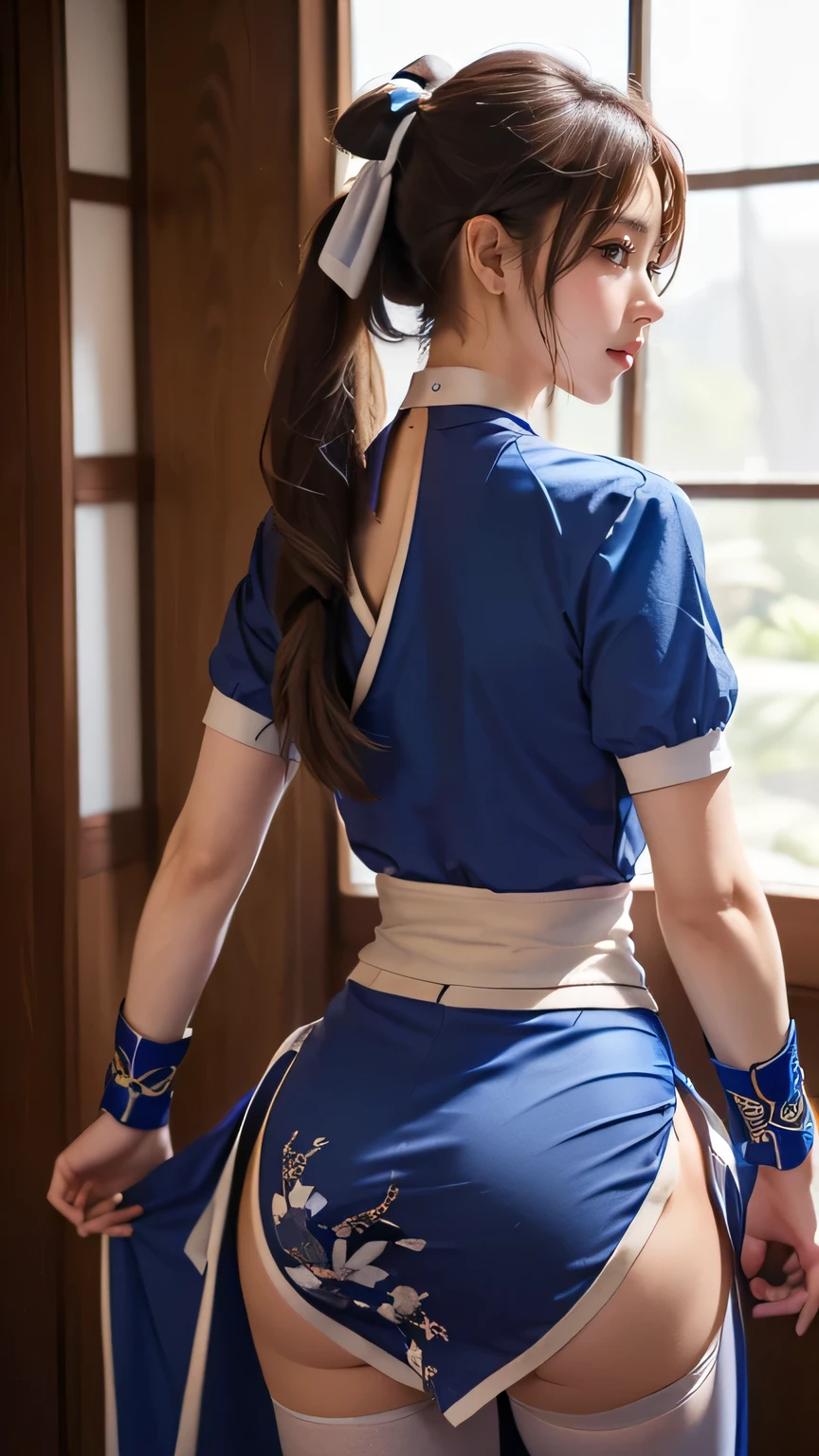 (((  top quality))), ((  masterpiece  )), (    Details), ((Alone)), (((((( ponytail,  hair ribbon,  choker,  Blue Dress , Short sleeve, band,  kimono, Arm guard,  pelvic curtains ,  detailed background with white knee-high ,1girl, Kasumi,blue japanese clothes,from behind:1.8)))))),  ((( slender body:1.4, Big Breasts , big butt,Wide ass,Round and soft ass, slim,  Thin Waist  ,  toned thick thighs,  Thin legs))),(  camel toe    ,Camel hoof), ((      growing skin    ,    white skin,      growing skin    )), Mysterious Light,  ((( Girl with a well-groomed face   ))), ((  big eyes)), ((((((Droopy eyes)))))), ((((   closes the eye )))), ((((   accurate anatomy )))),    Completely-valid   ,    Eye Shadow ,     earrings for women alone  ,    Necklaces    ,(((Chinese fighting style))),(((doaKasumi,ponytail, hair ribbon, choker, blue dress, short sleeves, sash, japanese clothes, cleavage, arm guards, pelvic curtain, white thighhighs))),