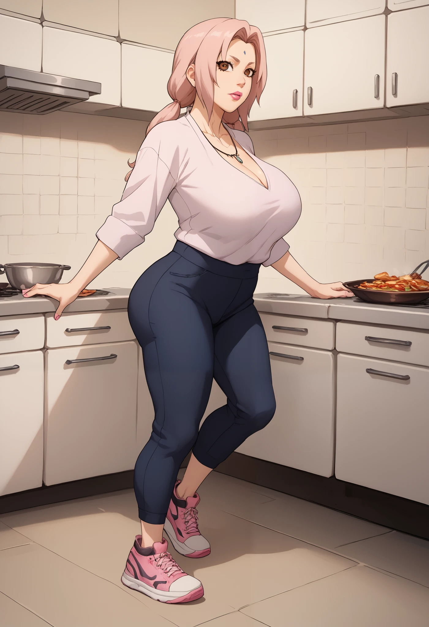 Tsunade Senju. Grandmother. long, blond hair tied in two ponytails. brown eyes.  pink lipstick. huge saggy breasts. bbw. necklace. shirt.. leggings. sneakers. kitchen. 