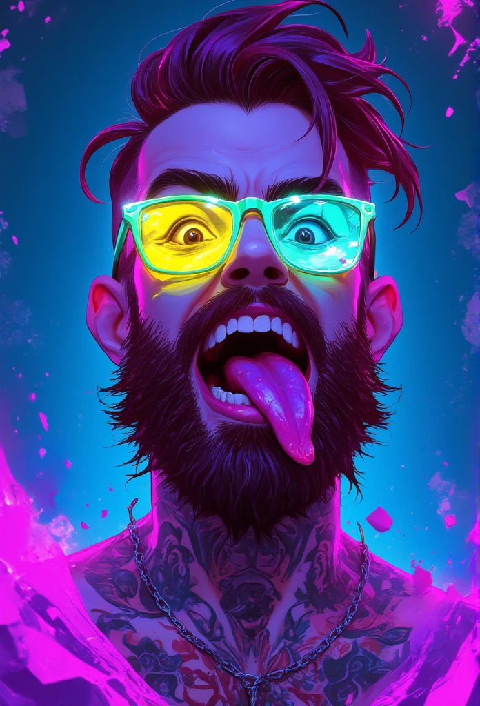 3D anime, A hyper-realistic, ultra-detailed digital painting of a vibrant young  bearded man with a mischievous and edgy appearance. He has split-dyed glasses with one side bright teal and the other neon yellow. His piercing brown eyes are surrounded by sharp eyeliner, and her expression is confident, with his ((long tongue sticking out)) to reveal sharp vampire fang-like teeth. His tattoos are visible on her neck, complementing her punk-goth aesthetic. The background is an  blue-purple gradient, giving a vibrant and dynamic atmosphere.