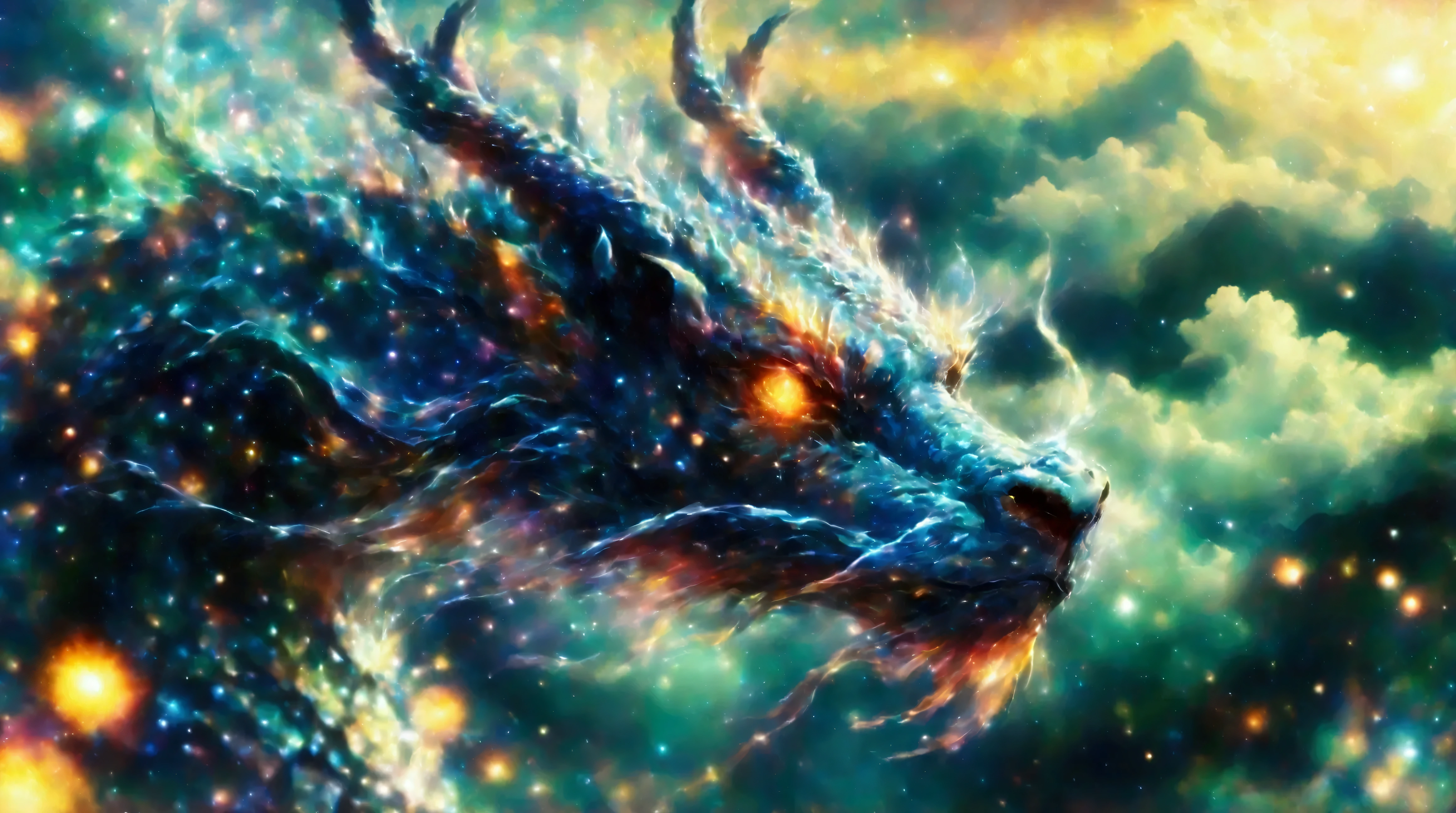white dragon god, gentle gaze, fantastic background, moonlight background, sea of clouds background, golden splashes, mysterious, divine light, mythical creature, traditional Chinese dragon, myth, speckled light, hazy haze, mysterious aura, masterpiece, fantastic, elegant dragon, good fortune, fantasy art