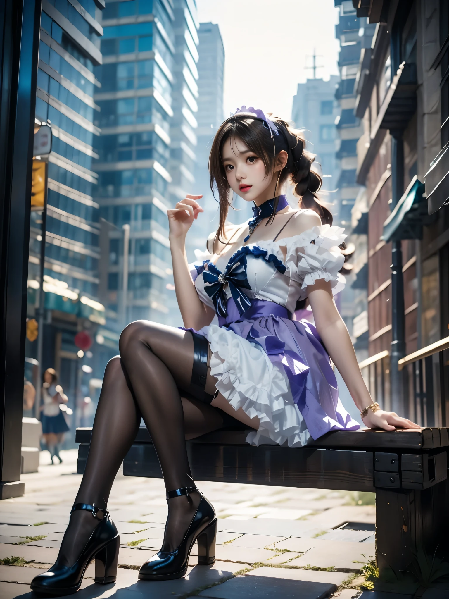 ((best qualtiy,8K,tmasterpiece:1.3)), 1girll, ssmile, full bodyesbian, Slim Faces, Beautiful woman, (dark brown hair), purple evening dress,Purple lace gloves ,Black tights,high-heels:1.1, Super detailed face, Detailed eyes, 二重まぶた, blur backgroun, Sitting on the steps