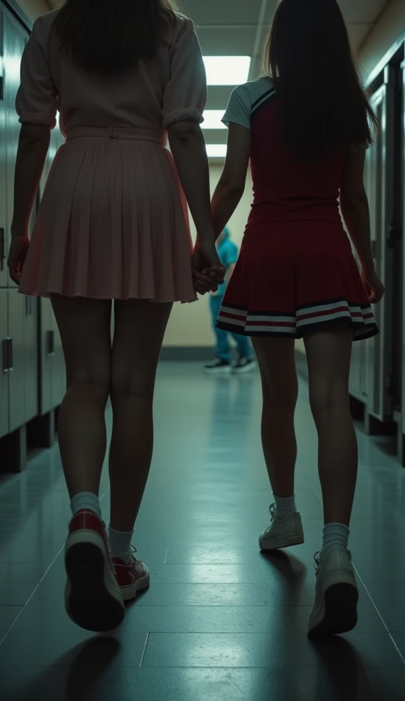 Low angle upward shot，Oblique side shot of a pleated dress with legs walking forward and a red and white cheerleader uniform from the back， holding hands in the changing room of a school bathroom. The focus is on the bottom of the shoe at the top right of the screen，The background is a composition of ， Dim lighting 