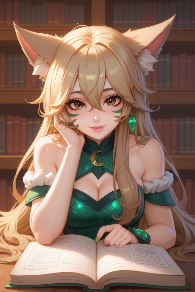 1 normal girl, 4k, HDR,  long hair, ultra cute face, beautiful lights and shadows, ultra detailed, 1girl, Solo, Breasts, Green face markings, Brown Eyes, Long Brown Hair, Blonde Highlights, Blonde Streaks, Bangs, Hair Between Eyes, Messy Hair, Hair Over Shoulders, Wolf Dog ears, Accurate, Blush, Smile, Crescent Earrings, Crystal Earrings, Pink Lips, Brown Eyes, Sparkly Green Eyeshadow, Green Nature Face Paint, Academic Nature Outfit, Simple background, Library, Holding Book, League of Legends, Accurate, Anatomically Correct, Detail, High Quality