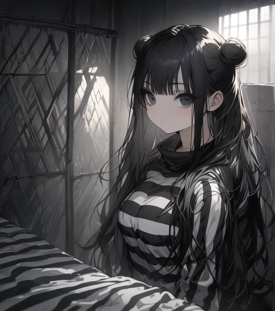 ((best quality)), ((Masterpiece)), (details), Young woman, alone, (Medium bust, black hair, black eyes, ((long hair, buns)) ,(Bangs),Long eyelashes,Thick eyelashes) , Prisoner uniform, bed, Jail, dark room